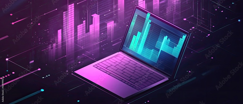 Aufkleber laptop displaying financial data charts and graphs in a futuristic digital city backdrop.