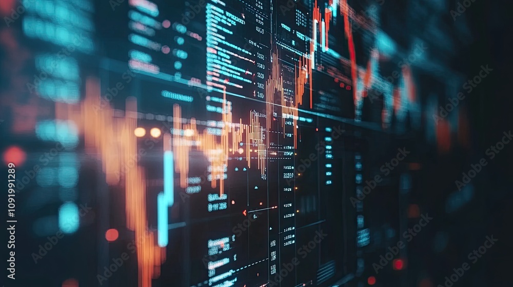 Poster abstract financial data visualization on screen.