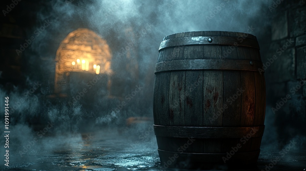 Poster Mystical Wooden Barrel Surrounded by Fog in a Dark Stone Dungeon with Soft Candlelight Glowing from the Background Creating an Enigmatic and Atmospheric Scene