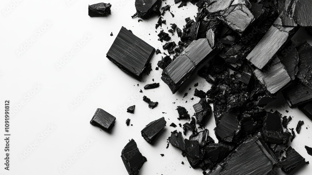 Poster abstract black fragments of charcoal on white background, artistic composition of shattered pieces w