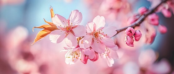 Fototapeta premium Close-up of delicate pink cherry blossoms on a branch, with blurred background. (1)