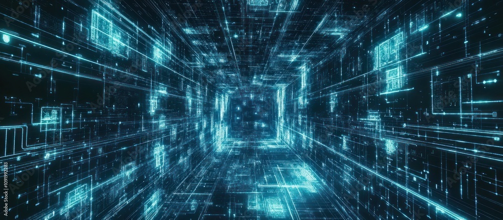Poster digital tunnel: a glowing pathway through the data stream