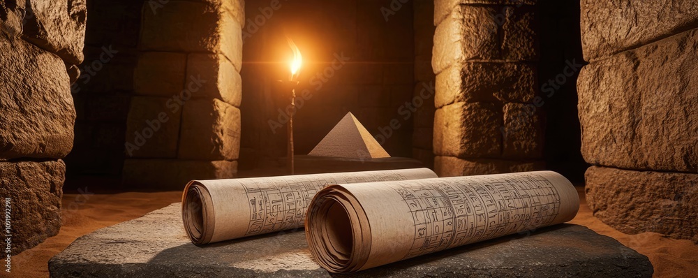 Poster ancient scrolls in a stone chamber with a glowing torch and a pyramid in the background.