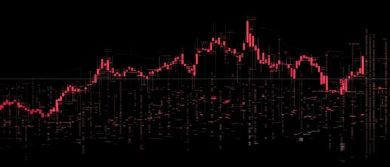 Obraz premium Red candlestick chart on black background showing financial market data.