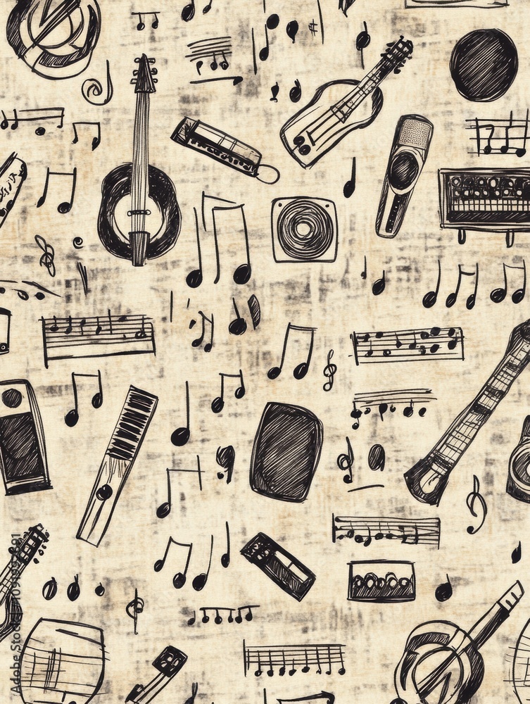 Poster this artwork features a cohesive pattern filled with musical instruments, notes, headphones, and sou