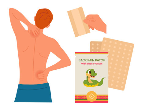 Vector image in flat style shows a person experiencing back and lower back pain, indicated by red areas. Nearby are pain relief patches with snake venom