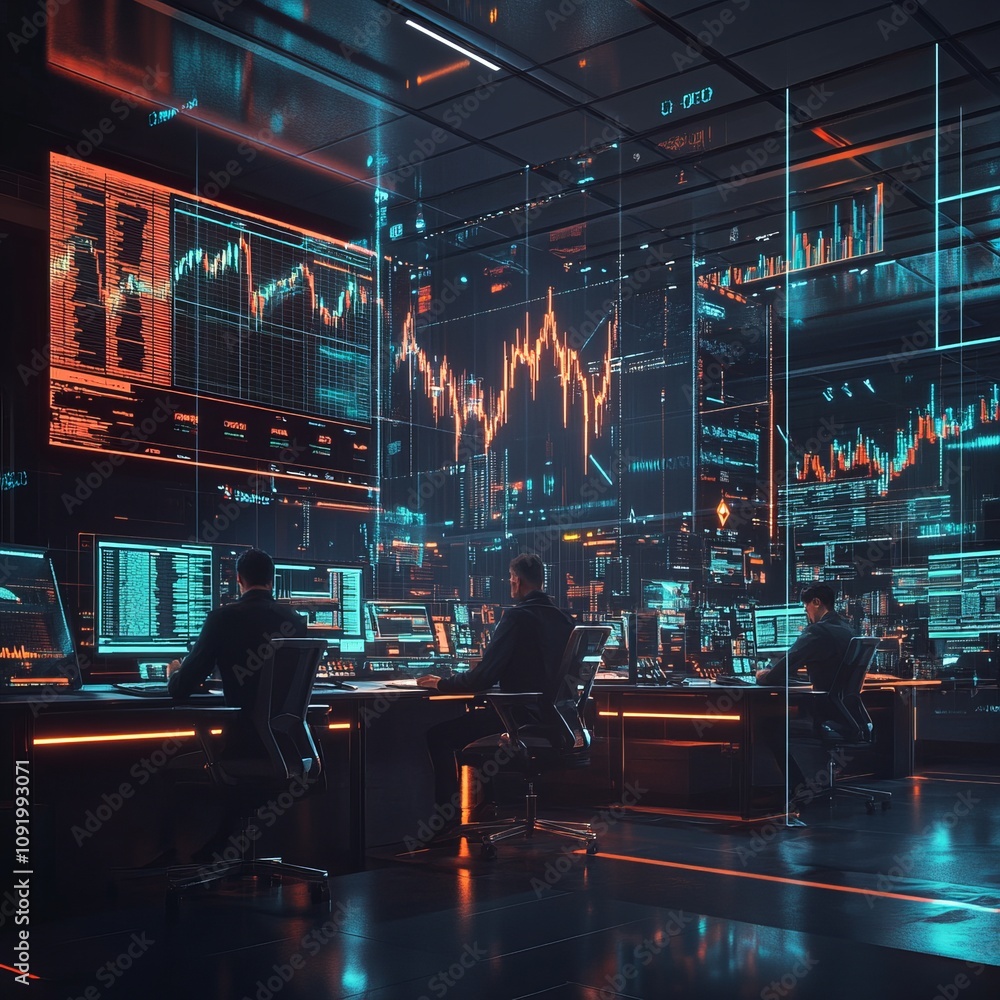 Poster intense trading session featuring holographic displays and low-resolution graphics in a futuristic l
