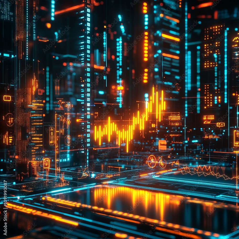 Poster intense trading lab with holographic displays showcasing dynamic data analysis futuristic technology