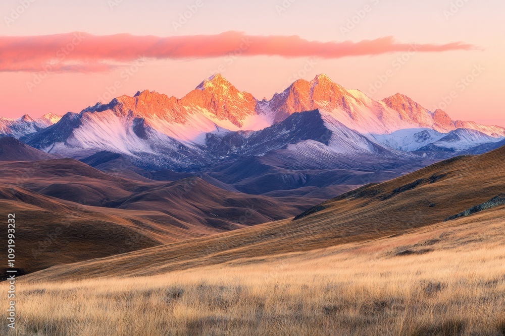 Poster sunlight casts a golden glow on snow-capped mountains as day transitions to night, creating a tranqu
