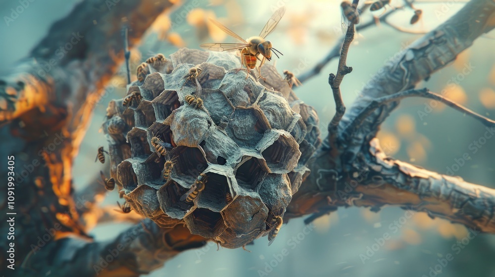 Poster wasps on a large grey honeycomb nest attached to a tree branch.