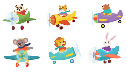 Vector illustration in a flat drawing style shows six different animals piloting colorful airplanes. Cartoon illustration