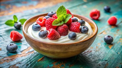 A bowl of creamy yogurt topped with fresh raspberries and blueberries, adorned with a sprig of mint, sitting on a rustic wooden surface.