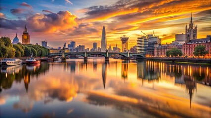 Fototapeta premium Breathtaking Landscape Photography of Iconic London Landmarks at Dusk, Capturing the Serene River Thames and Historic Architecture in a Stunning Urban Setting