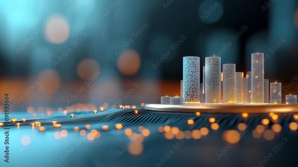 Poster emerging digital blockchain cityscape urban environment 3d visualization illuminated nodes futuristi