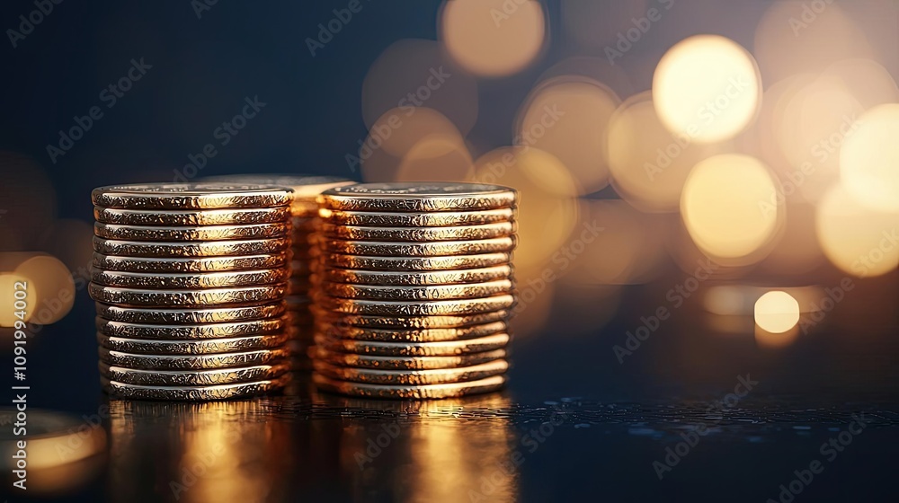 Poster stack of golden coins with a sparkling background, symbolizing wealth and prosperity.