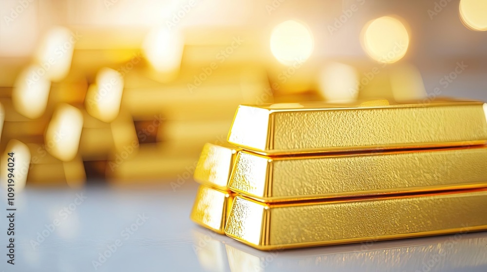 Poster stacks of gleaming gold bars on a reflective surface with soft bokeh background.