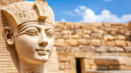 Obraz premium Ancient Egyptian statue under blue sky, showcasing history and artistry.