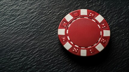 Single red poker chip on a dark textured background, reflecting the excitement and risks of gambling in a casino setting, perfect for gaming illustrations and design projects.