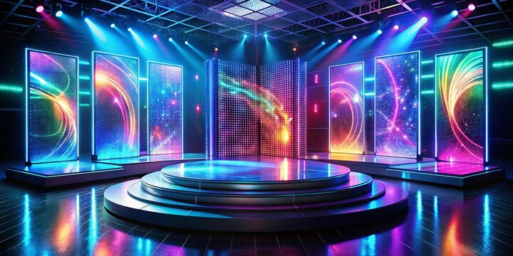 A futuristic stage illuminated by vibrant lights, showcasing a circular platform with a reflective surface and surrounded by colorful screens displaying shimmering patterns.