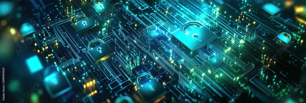 Aufkleber Abstract design features multiple padlocks and keys integrated into a colorful digital network, showcasing concepts of security and connectivity. Generative AI