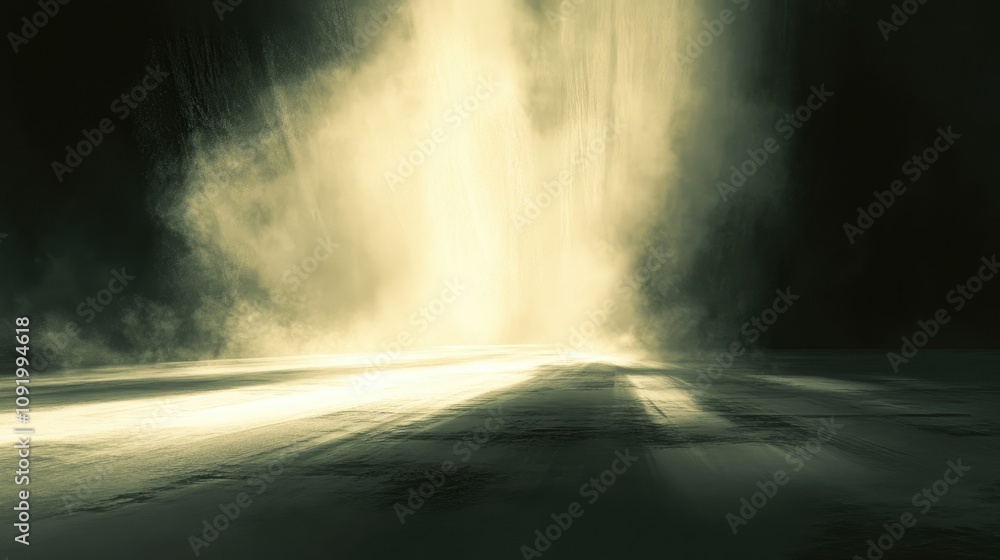 Poster ethereal light breaks through misty landscape, creating a dreamlike atmosphere with soft shadows and