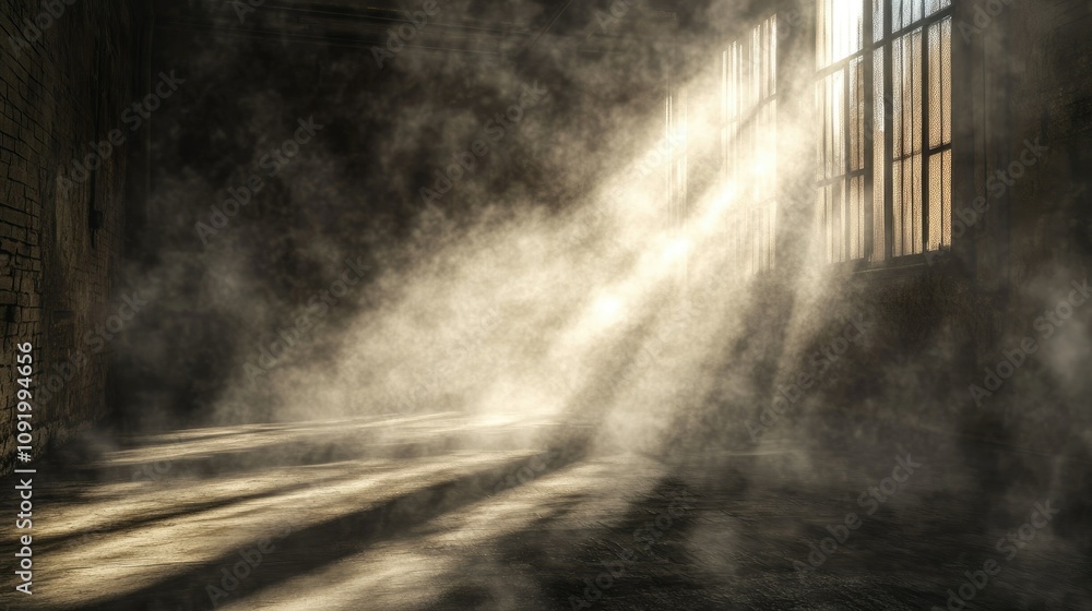 Poster atmospheric beams of light shining through dusty windows in an abandoned space, creating a dramatic 