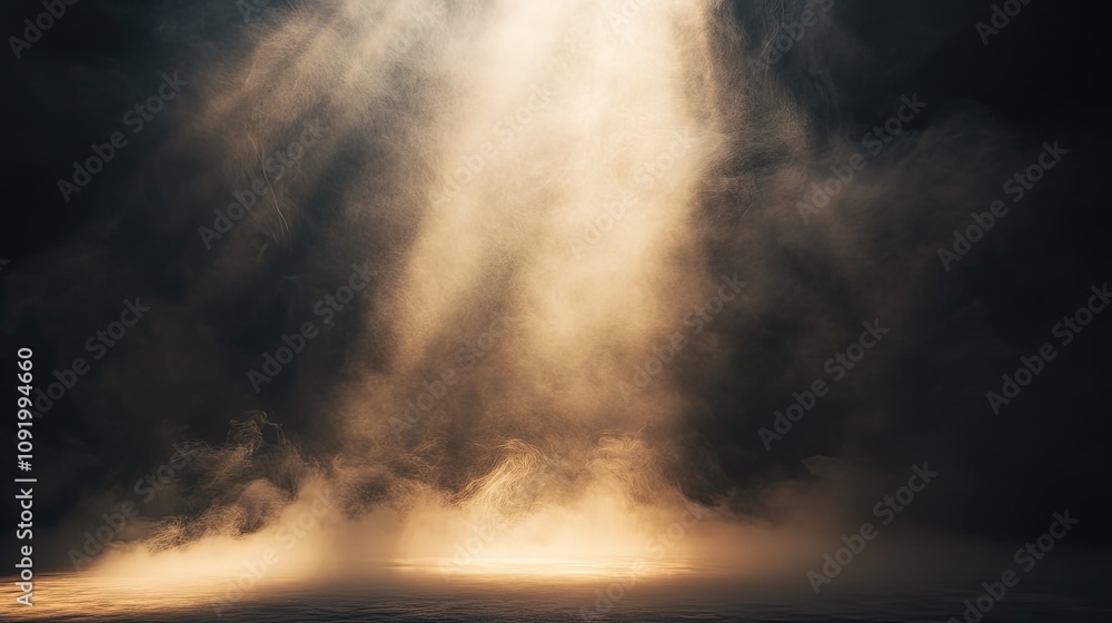 Poster ethereal rays of light dispersing through a misty atmosphere, creating a magical and enigmatic scene