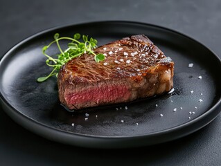 Grilled beef steak on a black plate on a dark background.