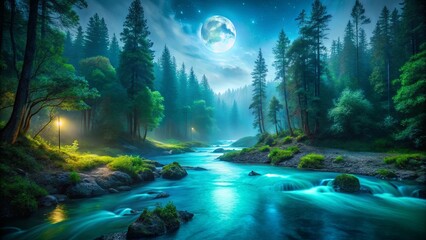 A Serene River Flows Through a Moonlit Forest, Illuminating the Water with a Glimmering Light, Casting Shadows Amongst the Tall Trees, and Creating a Dreamlike Ambiance