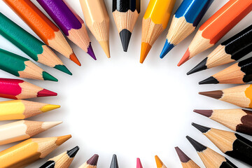 Fototapeta premium A circular arrangement of colored pencils around a blank space for creativity.
