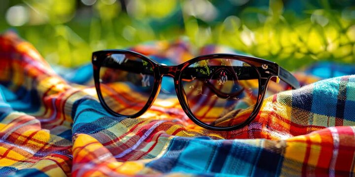 Pair of sunglasses on the picnic blanket, 4K Video