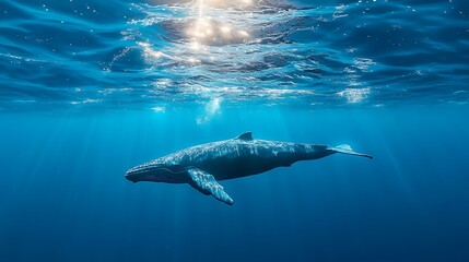 Fototapeta premium A Humpback Whale Swims Gracefully In The Ocean Depths