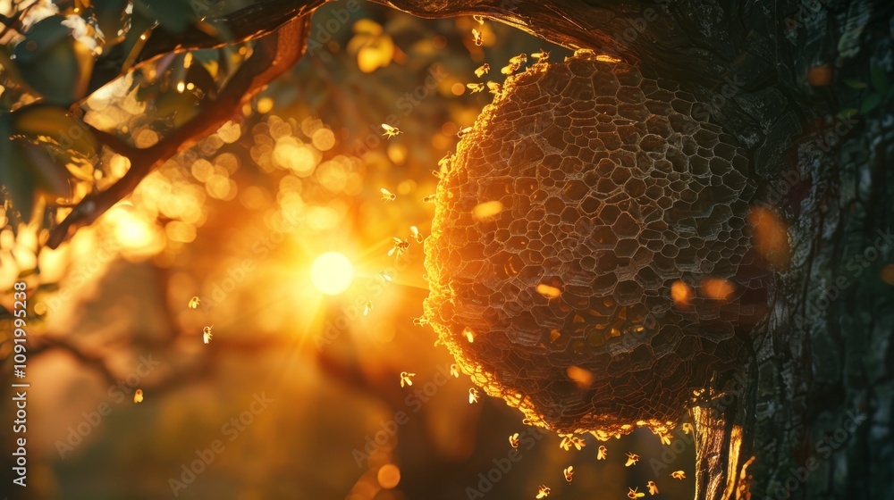 Poster sunset illuminating a large wasp nest on a tree branch with wasps flying around.