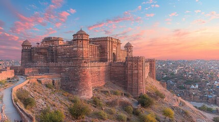 A majestic fortress at sunset, showcasing historical architecture and landscape.