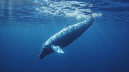 Naklejka premium A Whale Swims Gracefully Underwater In Sunlight