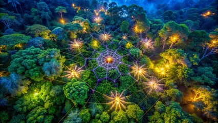 Obraz premium An ethereal web of light and shadow interweaves through the verdant canopy of a dense forest, illuminated by a network of twinkling lights