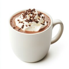 A decadent hot chocolate with a generous dollop of whipped cream and chocolate shavings on top, served in a simple white mug, isolated white background