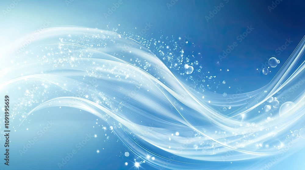 Poster abstract elegant background with flowing waves and shimmering particles in soft blue tones that crea