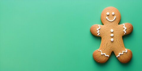 Fototapeta premium A gingerbread man cookie positioned to the right, set against a panoramic green background with plenty of room for text.