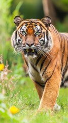 Obraz premium A majestic tiger walking through a lush green landscape.