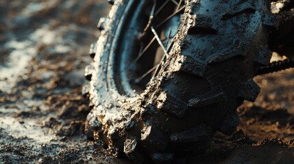 Fototapeta premium A close-up of a muddy tire, showcasing its rugged tread and dirt accumulation.