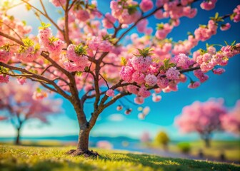 Breathtaking Tilt-Shift Photography of a Lush Tree Adorned with Pink Blossoms Against a Clear Blue Sky, Perfect for Nature Lovers and Springtime Aesthetic Enthusiasts