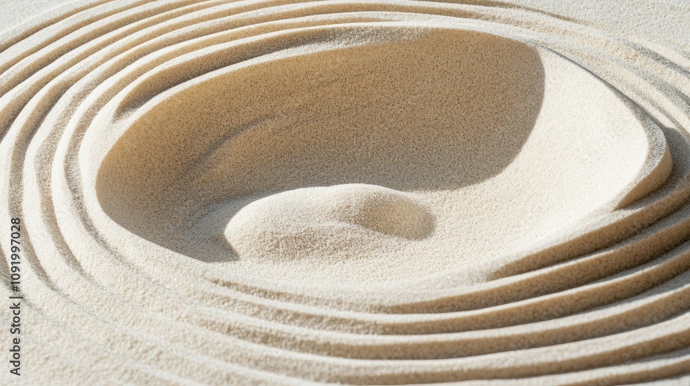 Poster abstract close-up image of meticulously raked sand creating calming circular patterns and gentle tex