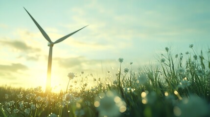 : A field of wind turbines with mountains in the green background.