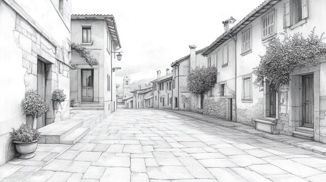 Fototapeta Pencil Sketch of a Narrow Street in a European Village