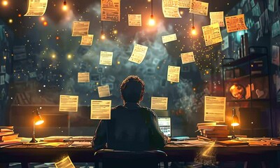 A person working at a desk surrounded by floating papers and warm light in a creative space.