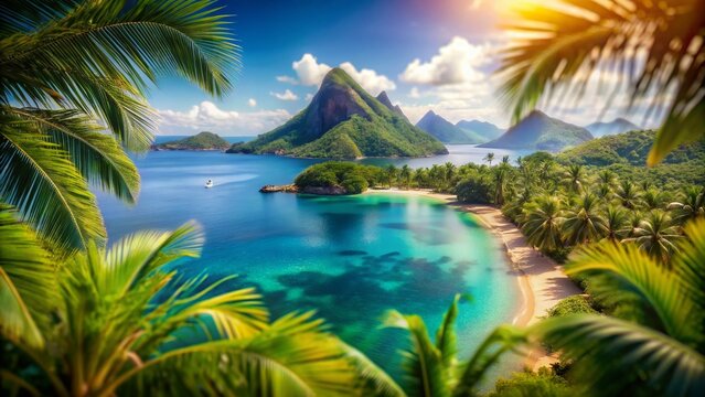 Breathtaking Tropical Island View Framed by Lush Palm Leaves with Crystal Clear Blue Water and Majestic Mountains in the Background, Perfect for Travel and Nature Enthusiasts