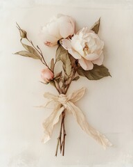 Minimalist Watercolor Rose interwined with Peony,  with natural derived bow, cream background