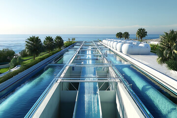 Fototapeta premium A high-tech desalination plant located by the ocean, featuring transparent pipelines and storage tanks, representing advanced and sustainable water technology. 
