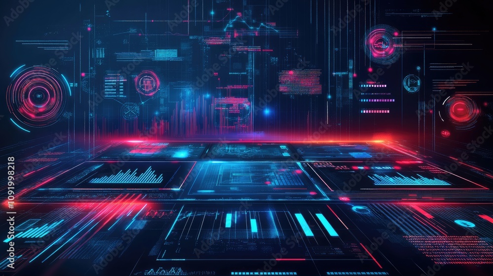 Poster futuristic digital interface with neon red and blue data streams and graphs